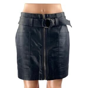 Topshop Women's Black Faux Vegan Leather Zip Up Belted Mini A-Line Skirt Size 38